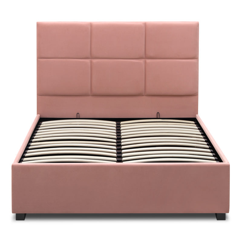 CELLO Pink Bed 120x200cm with plush velvet upholstery and under-bed storage, featuring anatomical slats and black wooden legs.