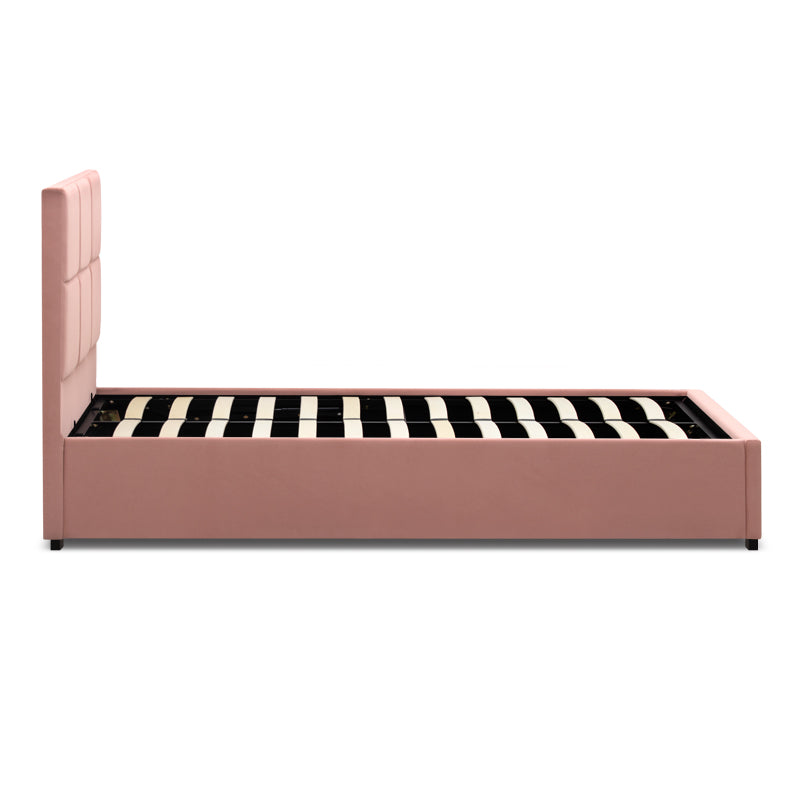 CELLO Pink Bed 120x200cm with plush velvet upholstery and under-bed storage, featuring anatomical slats and black wooden legs.