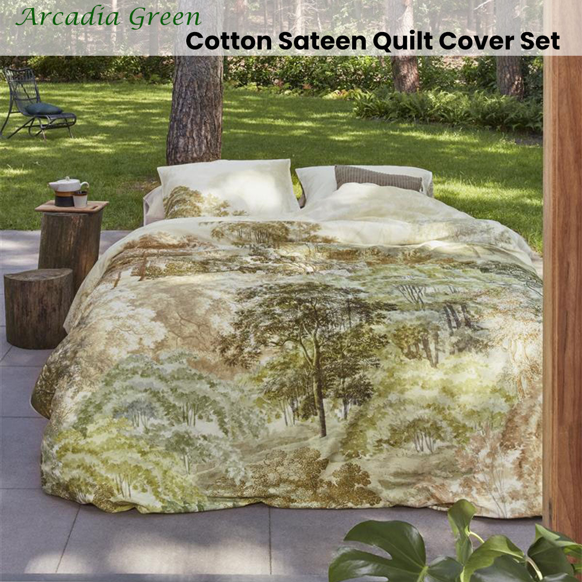 Bedding House Arcadia Green Cotton Sateen Quilt Cover Set featuring a landscape print with hand-painted trees in natural hues.