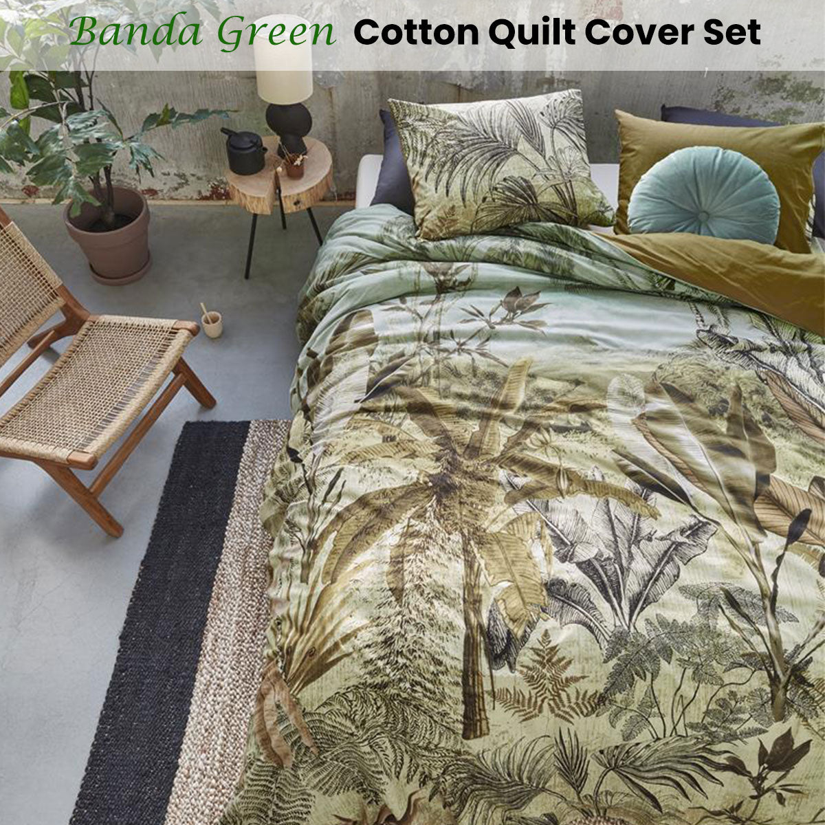 Banda Green Cotton Quilt Cover Set featuring banana leaves and palm trees design in natural tones on a calming background.