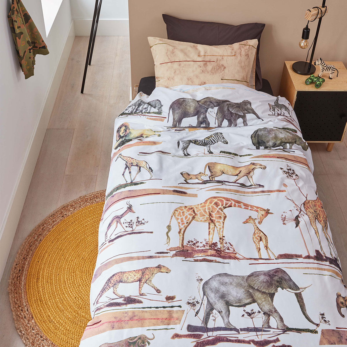 Bedding House Big Five Natural Cotton Quilt Cover Set featuring playful animal illustrations including elephants, lions, and giraffes.