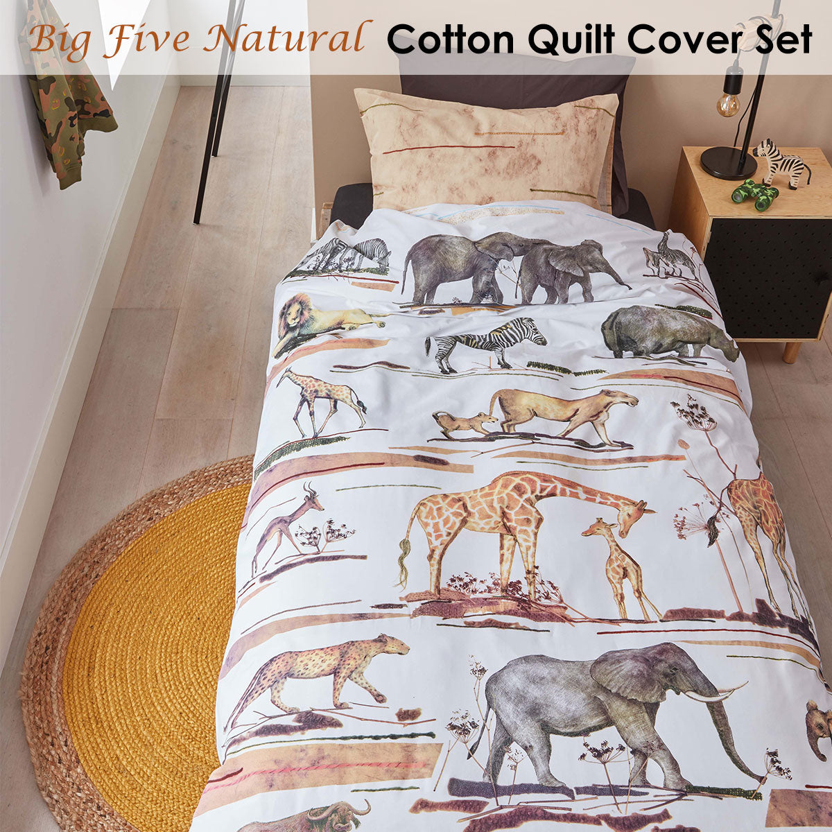 Bedding House Big Five Natural Cotton Quilt Cover Set featuring playful animal illustrations including elephants, lions, and giraffes.