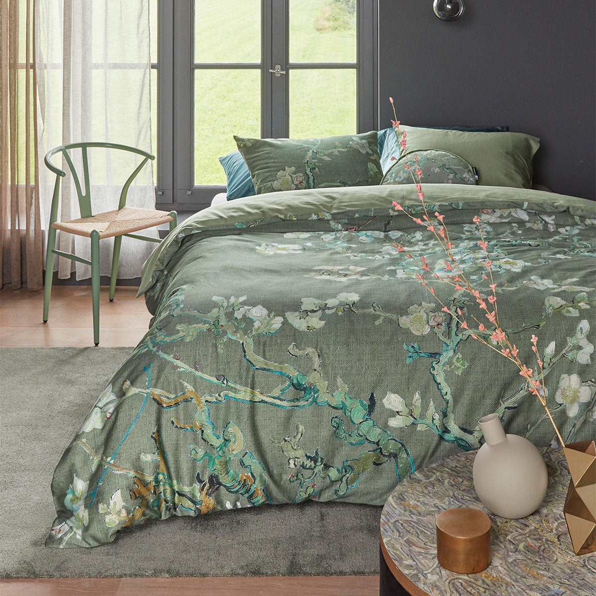 Bedding House Blossoming Green Cotton Sateen Quilt Cover Set King featuring almond blossom design on a green background.