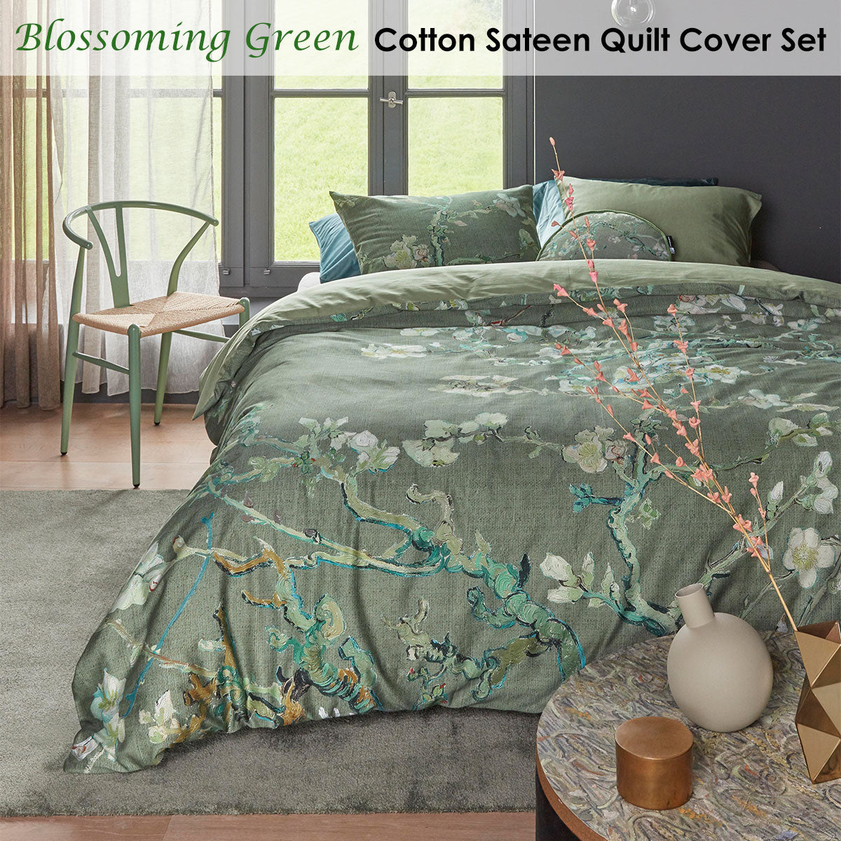 Bedding House Blossoming Green Cotton Sateen Quilt Cover Set King featuring almond blossom design on a green background.