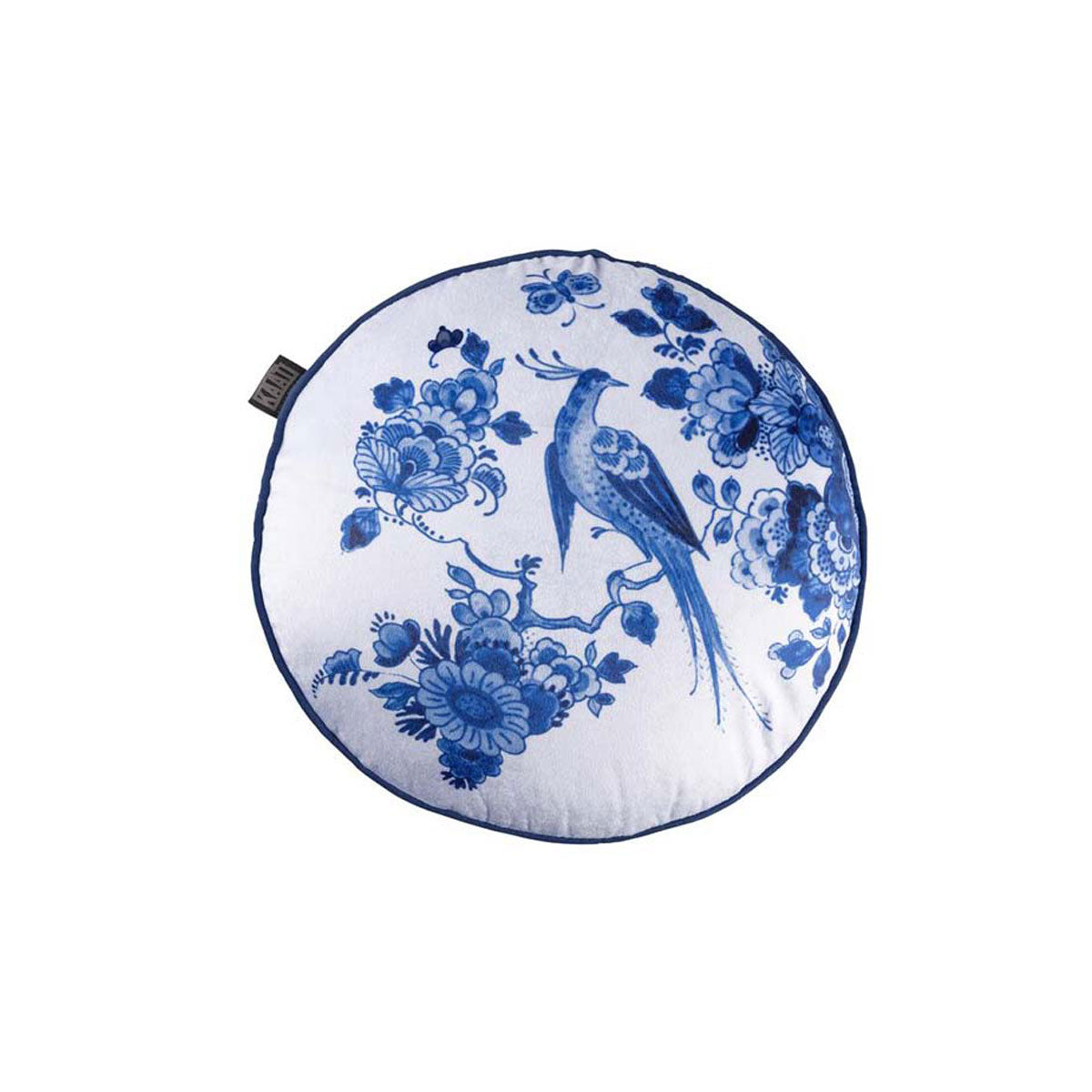 Bedding House Blue Bird Round Filled Cushion with a white background and blue bird print, 40cm diameter, featuring a cobalt blue back.