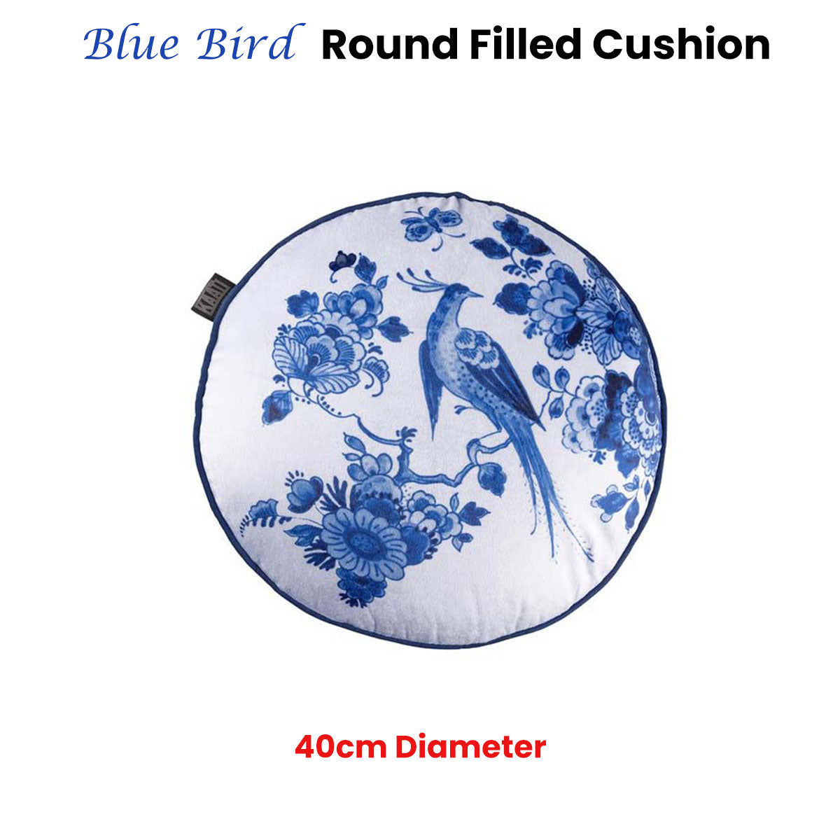 Bedding House Blue Bird Round Filled Cushion with a white background and blue bird print, 40cm diameter, featuring a cobalt blue back.