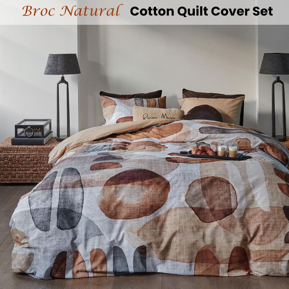 Bedding House Broc Natural Cotton Quilt Cover Set King featuring a watercolour shapes print on a textured background in warm natural tones.