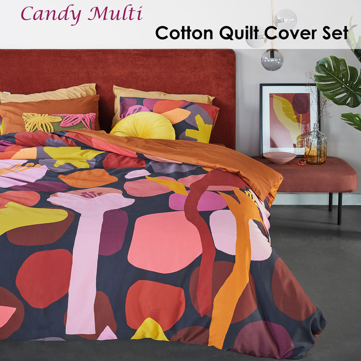 Bedding House Candy Multi Cotton Sateen Quilt Cover Set King featuring vibrant floral designs in warm colors.