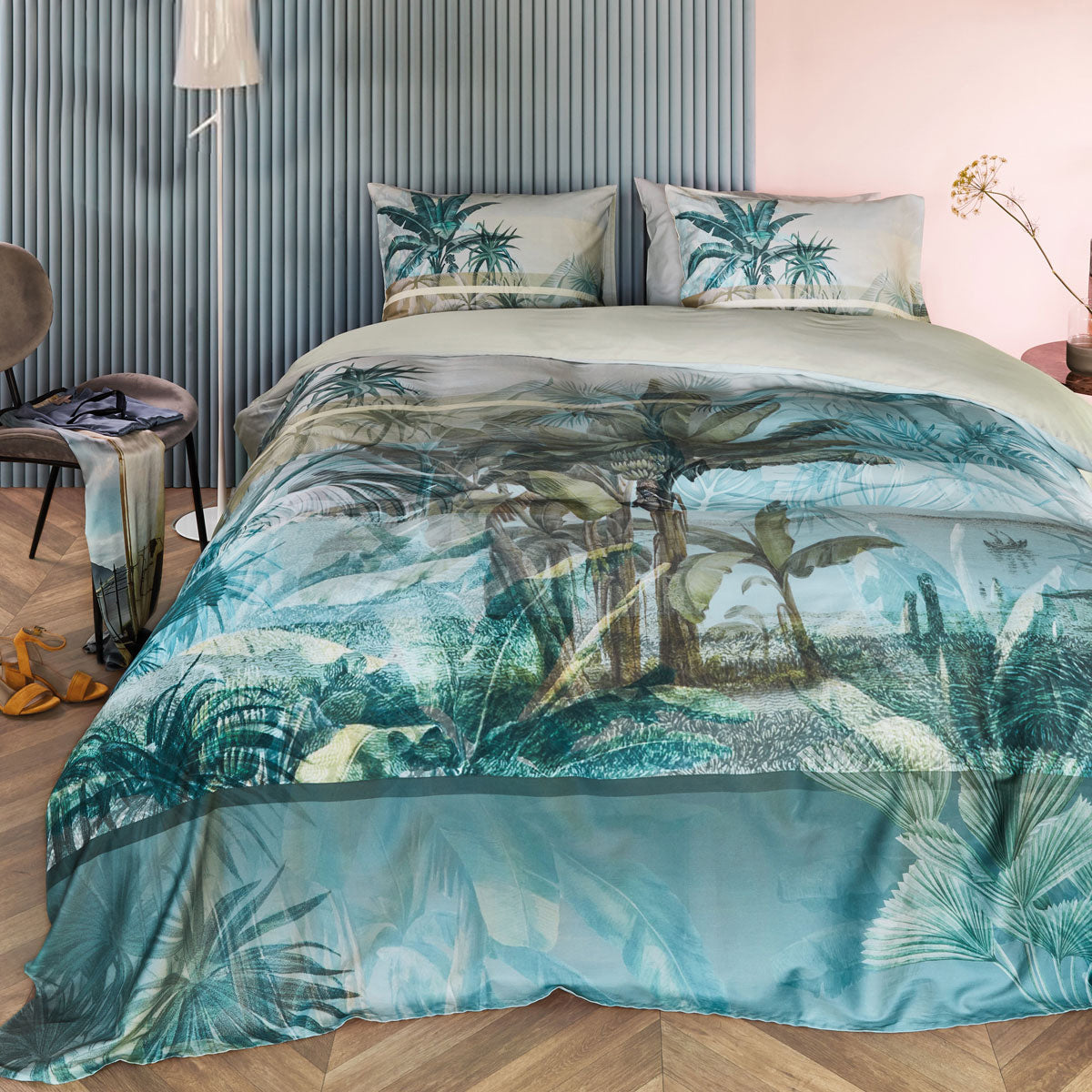 Bedding House Canopy Blue Green Cotton Sateen Quilt Cover Set featuring tropical leaves in vibrant colors on a soft fabric.