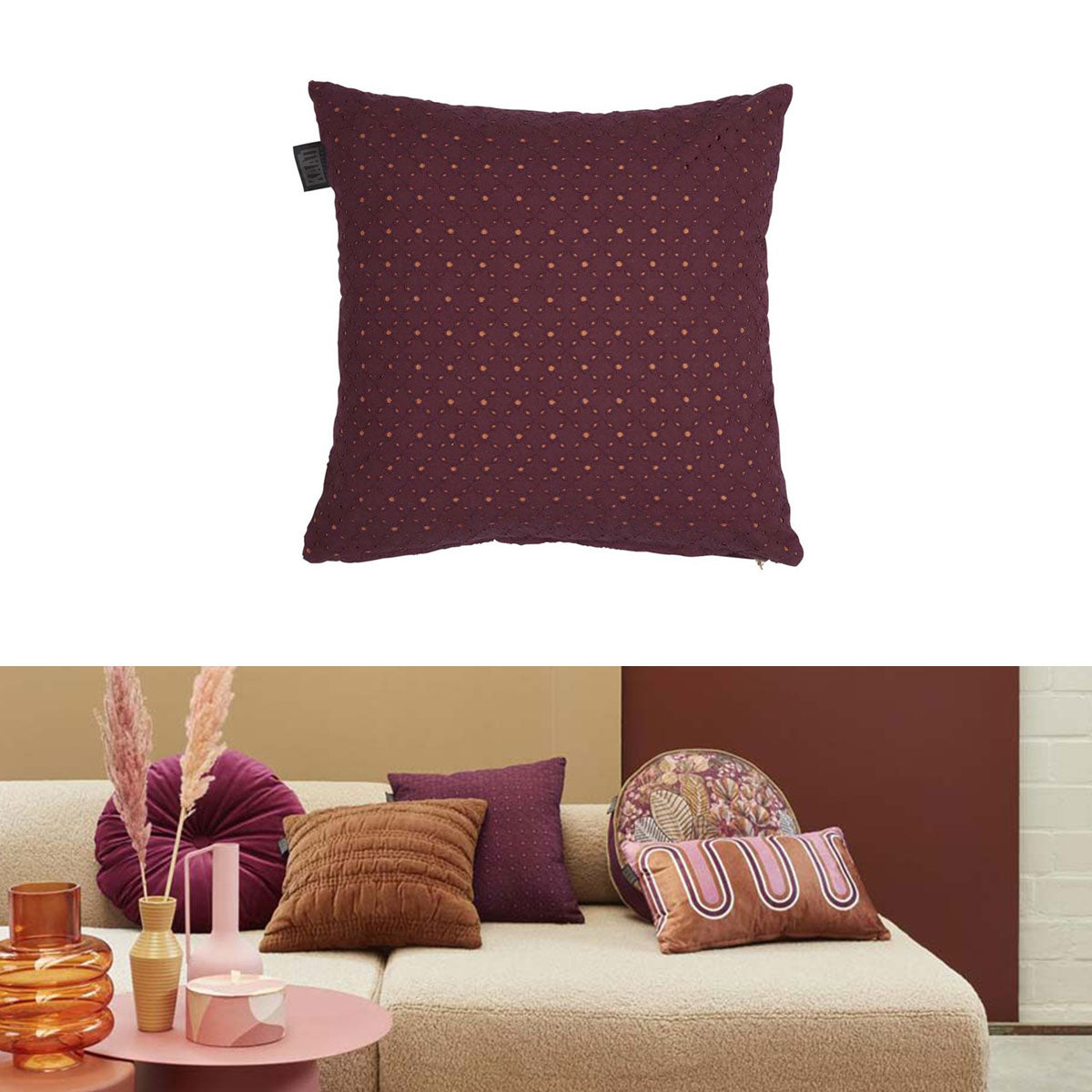 Bedding House Chelsy Plum Square Filled Cushion with broderie anglaise design and golden zipper puller.