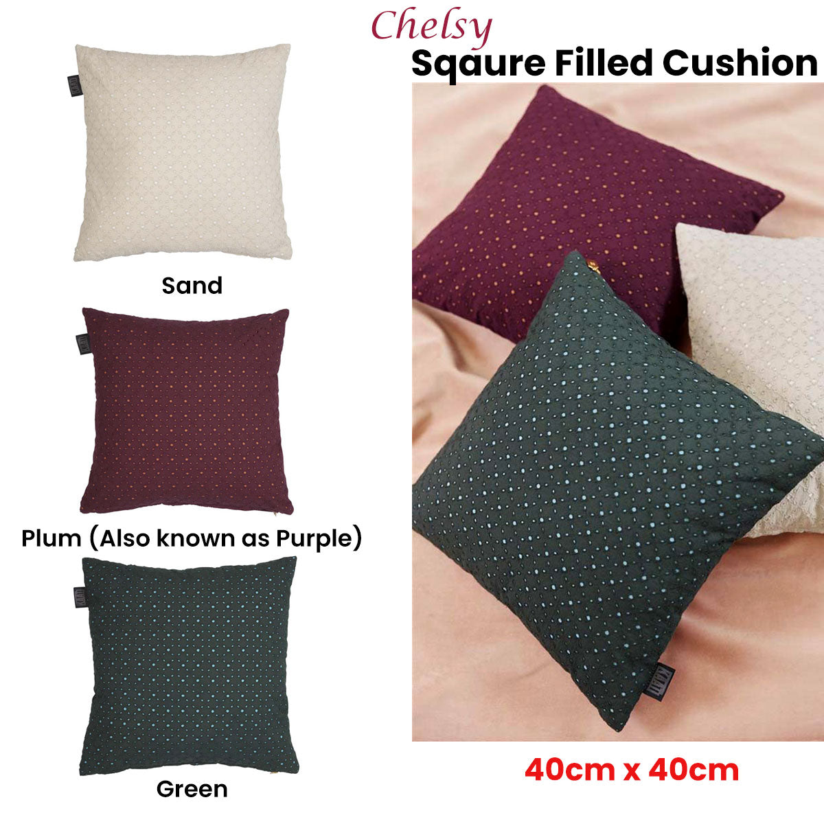 Bedding House Chelsy Plum Square Filled Cushion with broderie anglaise design and golden zipper puller.