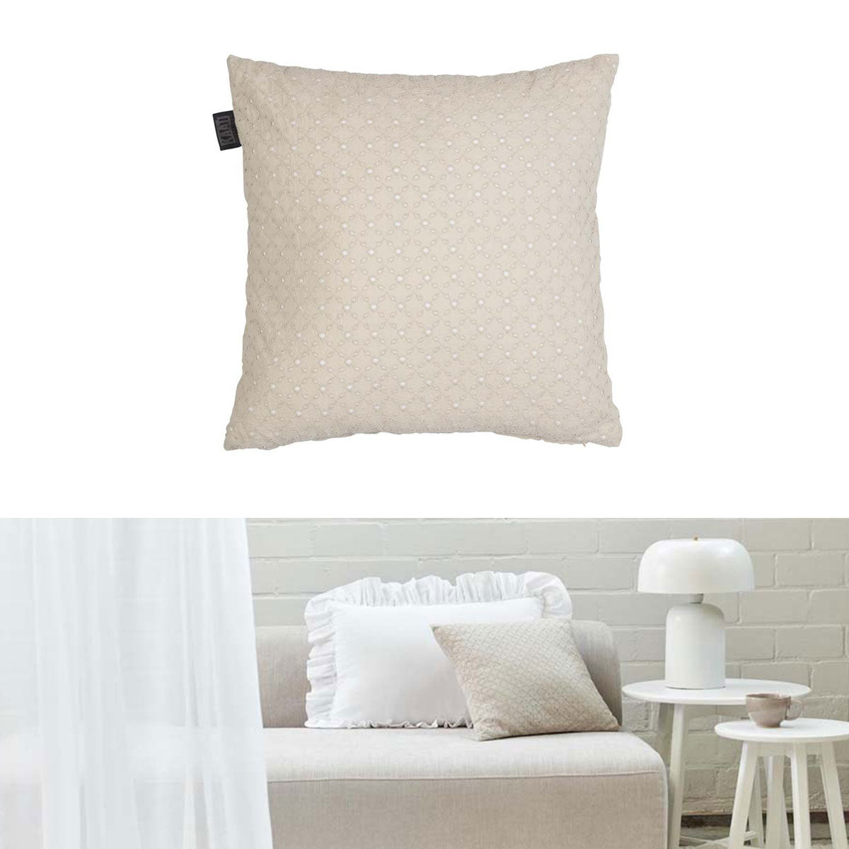 Bedding House Chelsy Sand Square Filled Cushion with broderie anglaise design on a sand background, featuring a golden zipper puller.