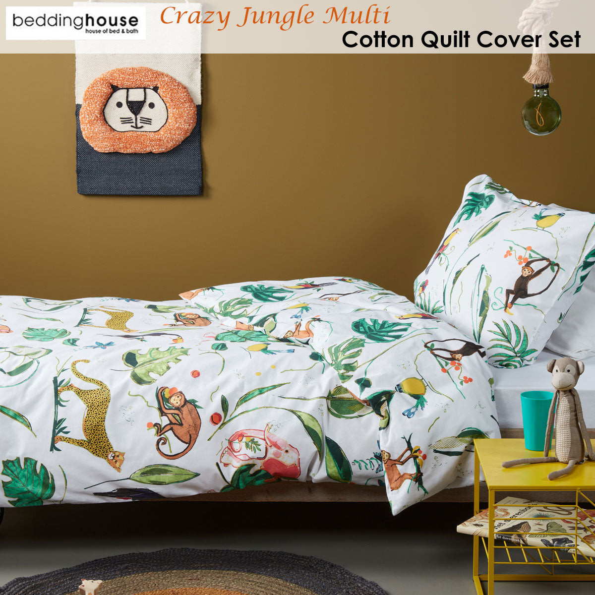 Crazy Jungle Multi Cotton Quilt Cover Set featuring vibrant jungle animals and colorful floral designs on soft cotton fabric.