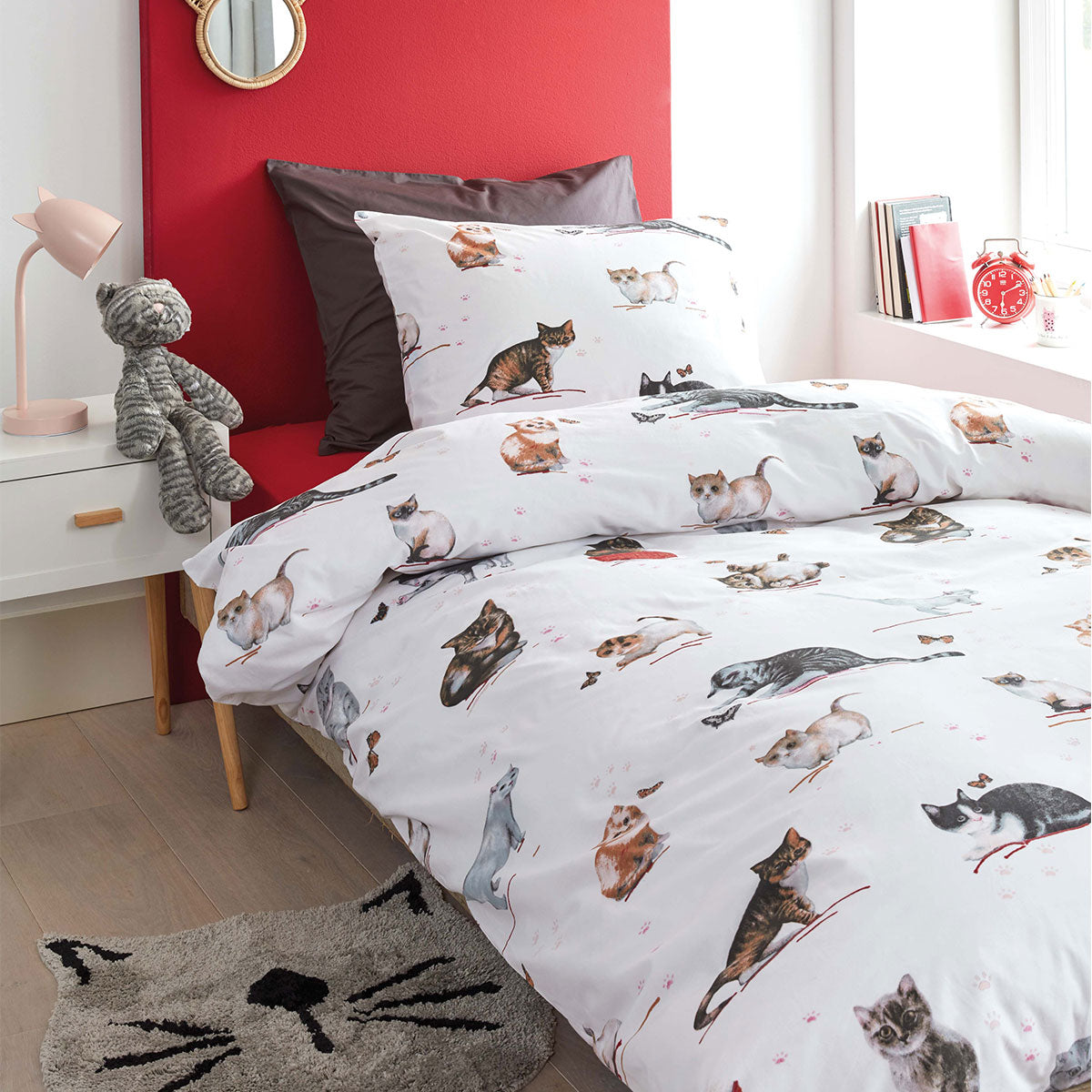 Bedding House Cute Cats Cotton Quilt Cover Set featuring playful kittens and butterflies in soft colors.