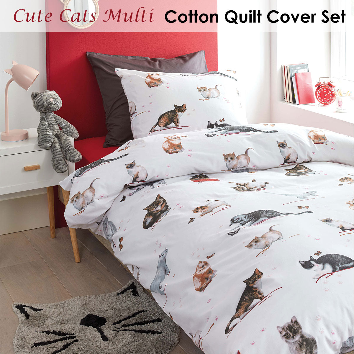 Bedding House Cute Cats Cotton Quilt Cover Set featuring playful kittens and butterflies in soft colors.