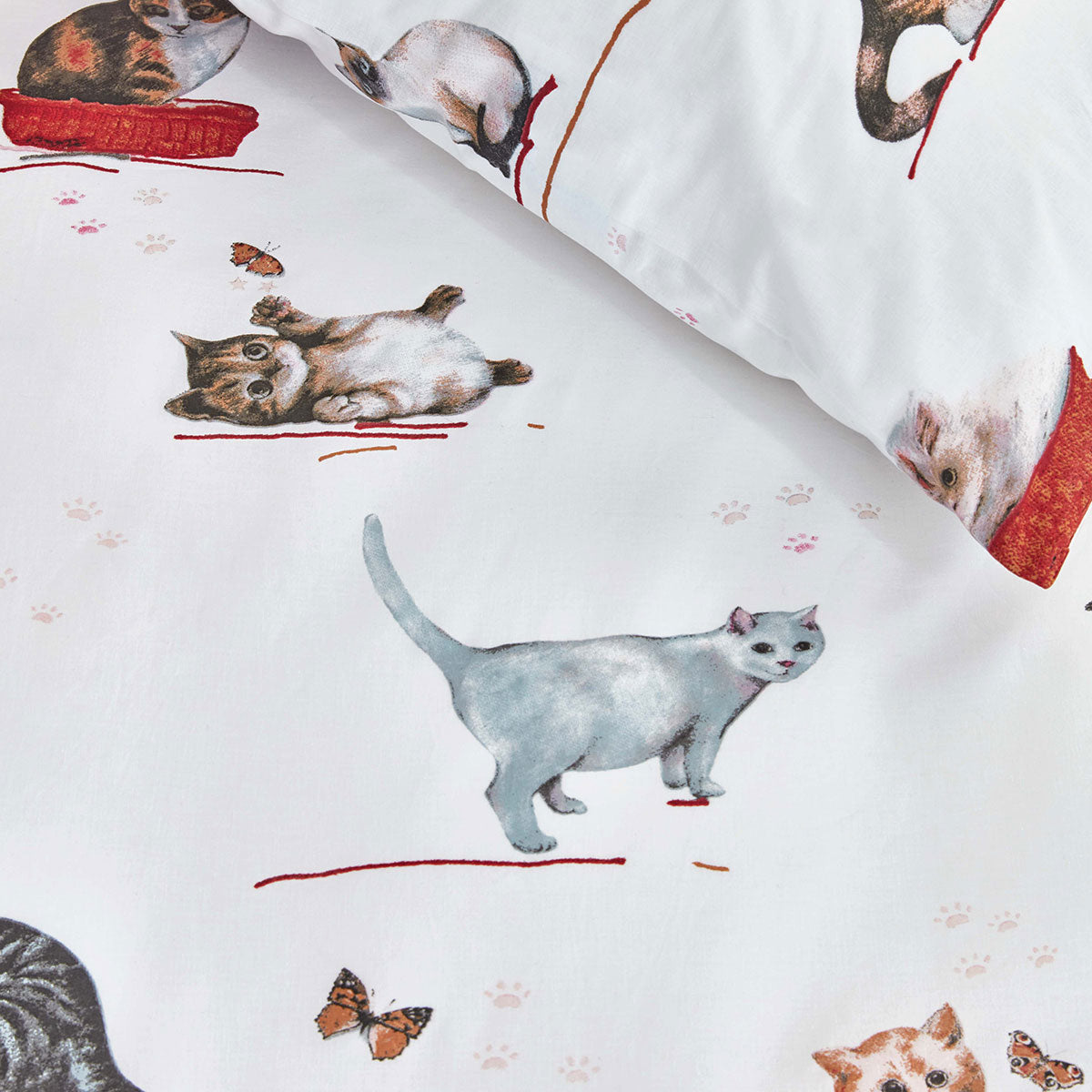 Bedding House Cute Cats Cotton Quilt Cover Set featuring playful kittens and butterflies in soft colors.