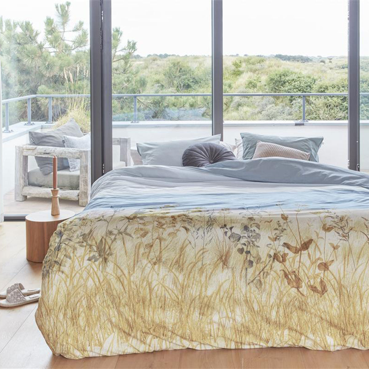 Bedding House Dunes Natural Cotton Quilt Cover Set featuring a summer seascape design with dunes, grasses, and flowers in natural colors.