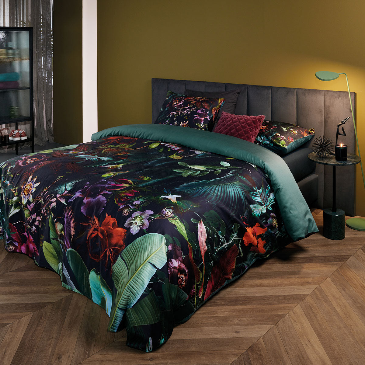 Dusk to Dawn Dark Green Cotton Sateen Quilt Cover Set featuring tropical rainforest print and soft texture.