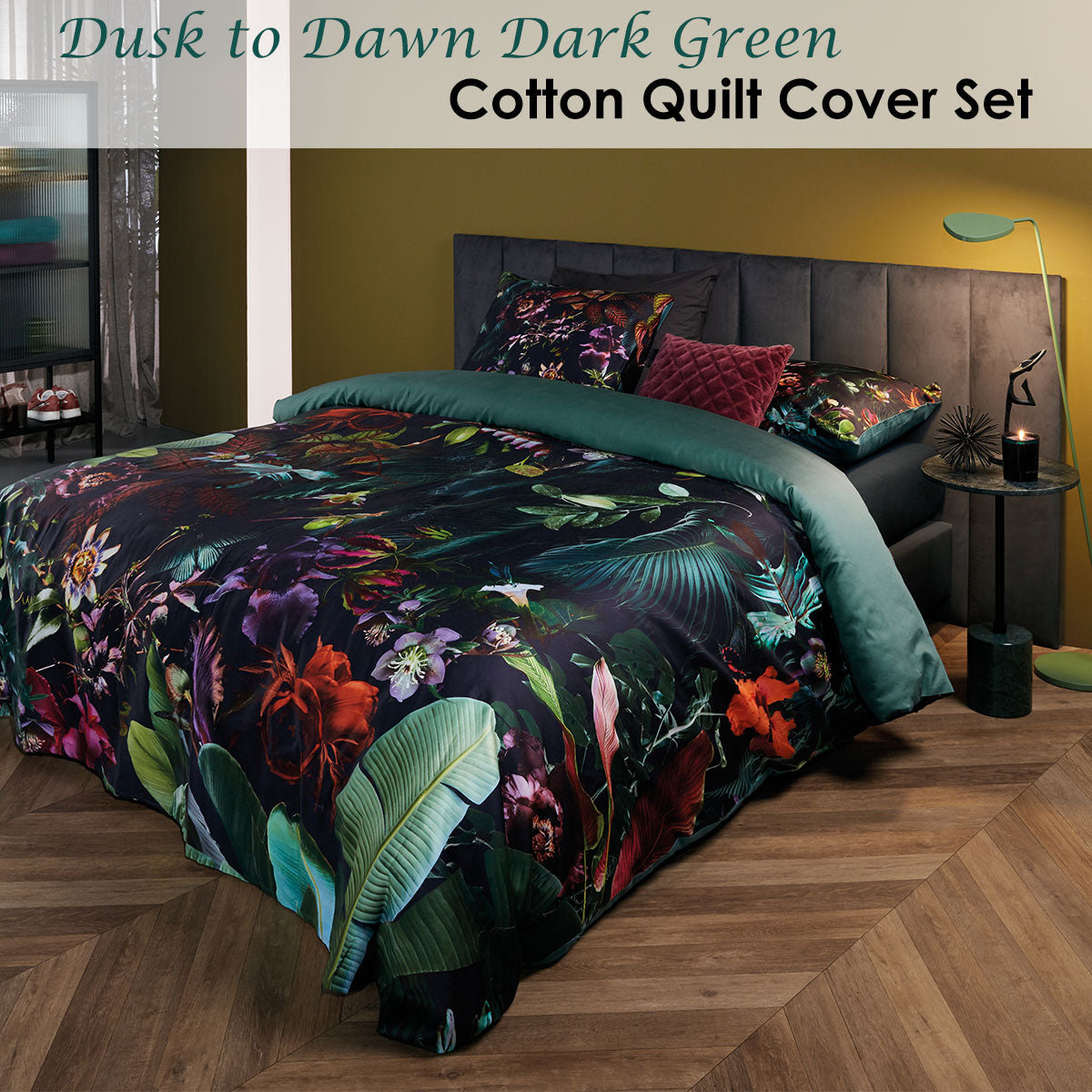 Dusk to Dawn Dark Green Cotton Sateen Quilt Cover Set featuring tropical rainforest print and soft texture.