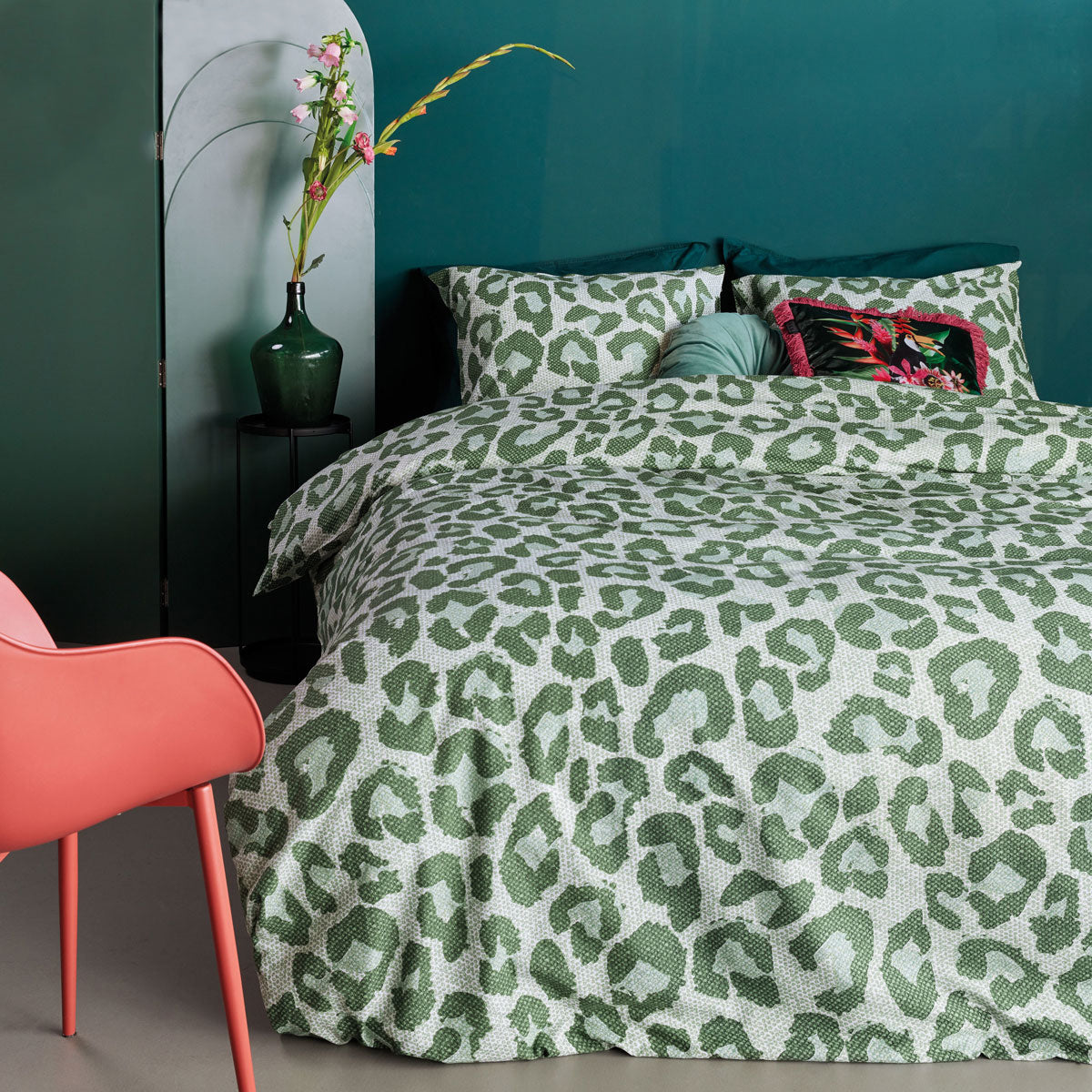 Bedding House Fabrice Green Cotton Quilt Cover Set featuring a panther print design in light green tones, perfect for king-sized beds.