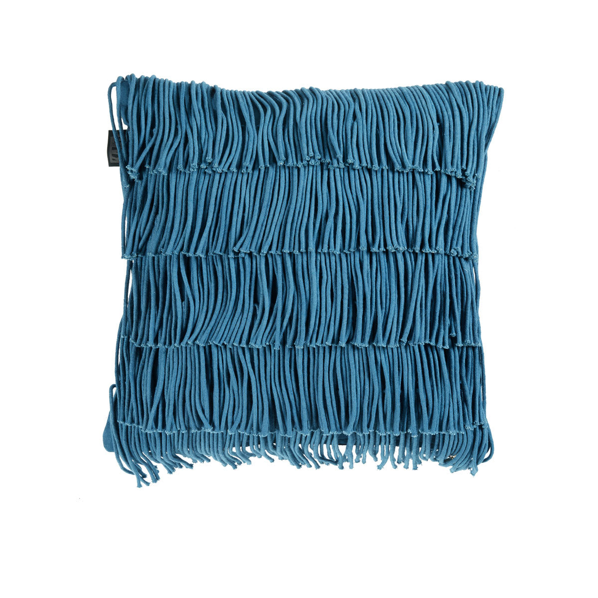 Bedding House Flapper Applique Filled Square Cushion in blue with playful fringes and golden zip puller shaped like an Amsterdam canal house.