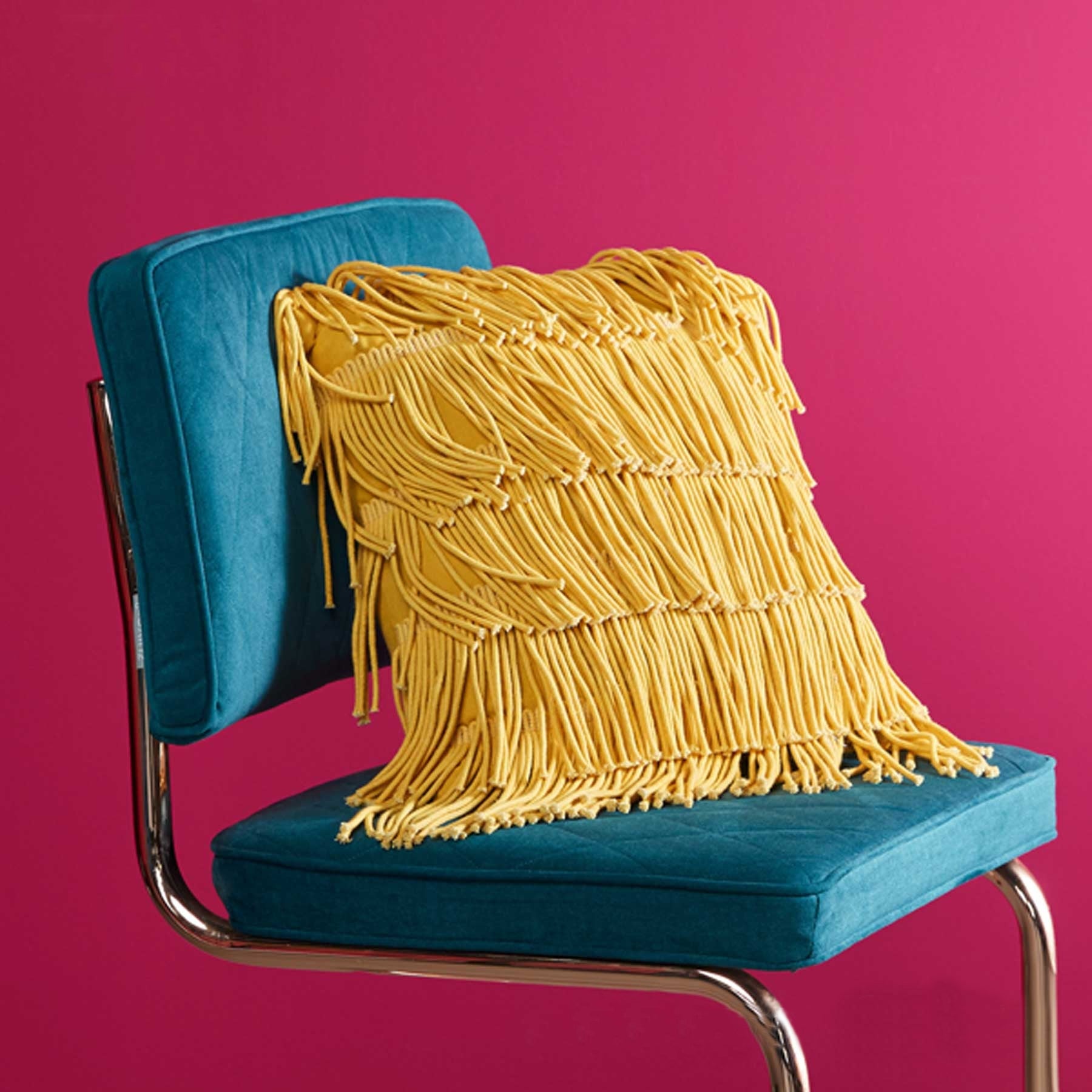 Bedding House Flapper Ochre Filled Square Cushion with playful fringes and golden zip puller, perfect for trendy interiors.