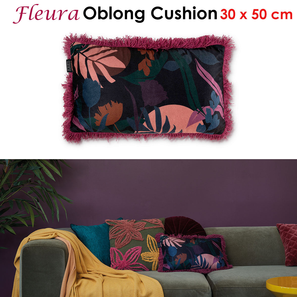 Bedding House Fleura Multi Filled Oblong Cushion with vibrant floral print and pink tassels.