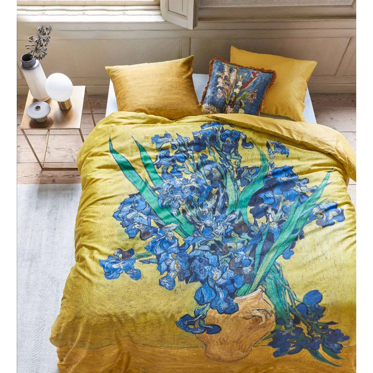 Bedding House Irises Yellow Cotton Sateen Quilt Cover Set featuring vibrant floral design in yellow, green, blue, and grey tones.