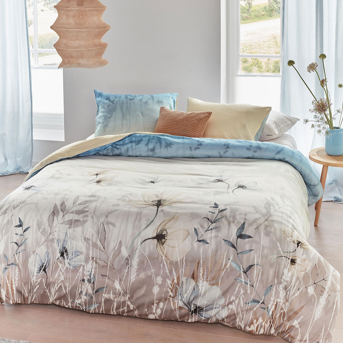 Bedding House Isabelle Light Blue Cotton Sateen Quilt Cover Set featuring floral print design with quilt cover and pillowcases.