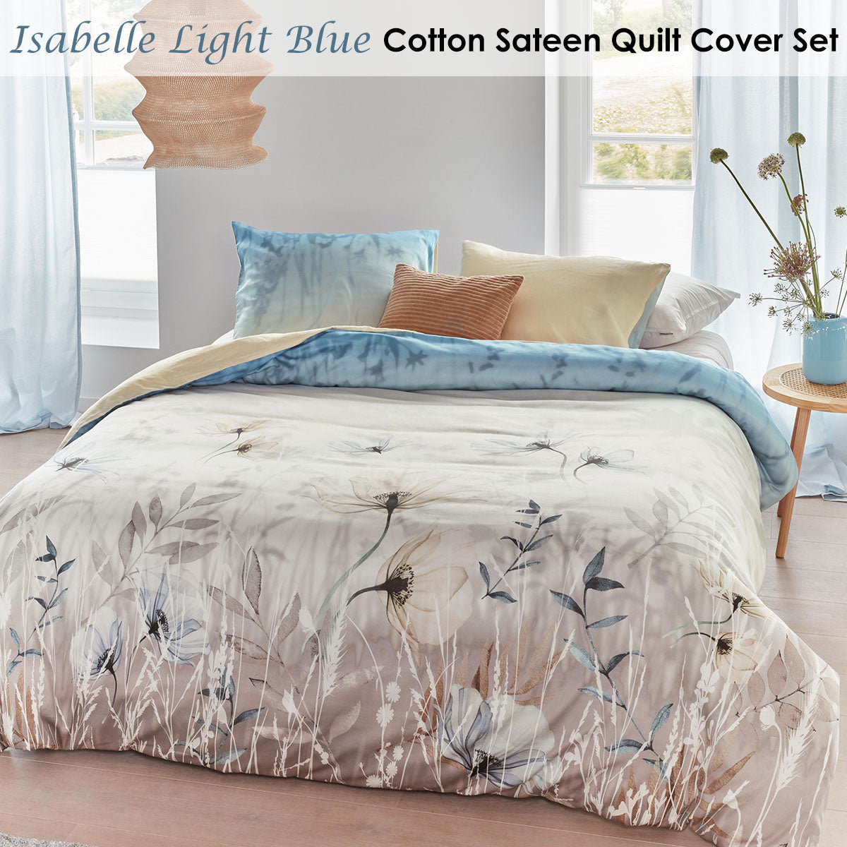 Bedding House Isabelle Light Blue Cotton Sateen Quilt Cover Set featuring floral print design with quilt cover and pillowcases.