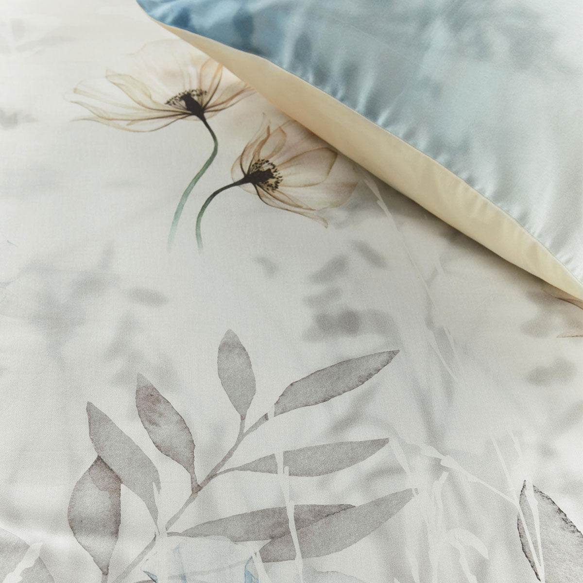 Bedding House Isabelle Light Blue Cotton Sateen Quilt Cover Set featuring floral print design with quilt cover and pillowcases.