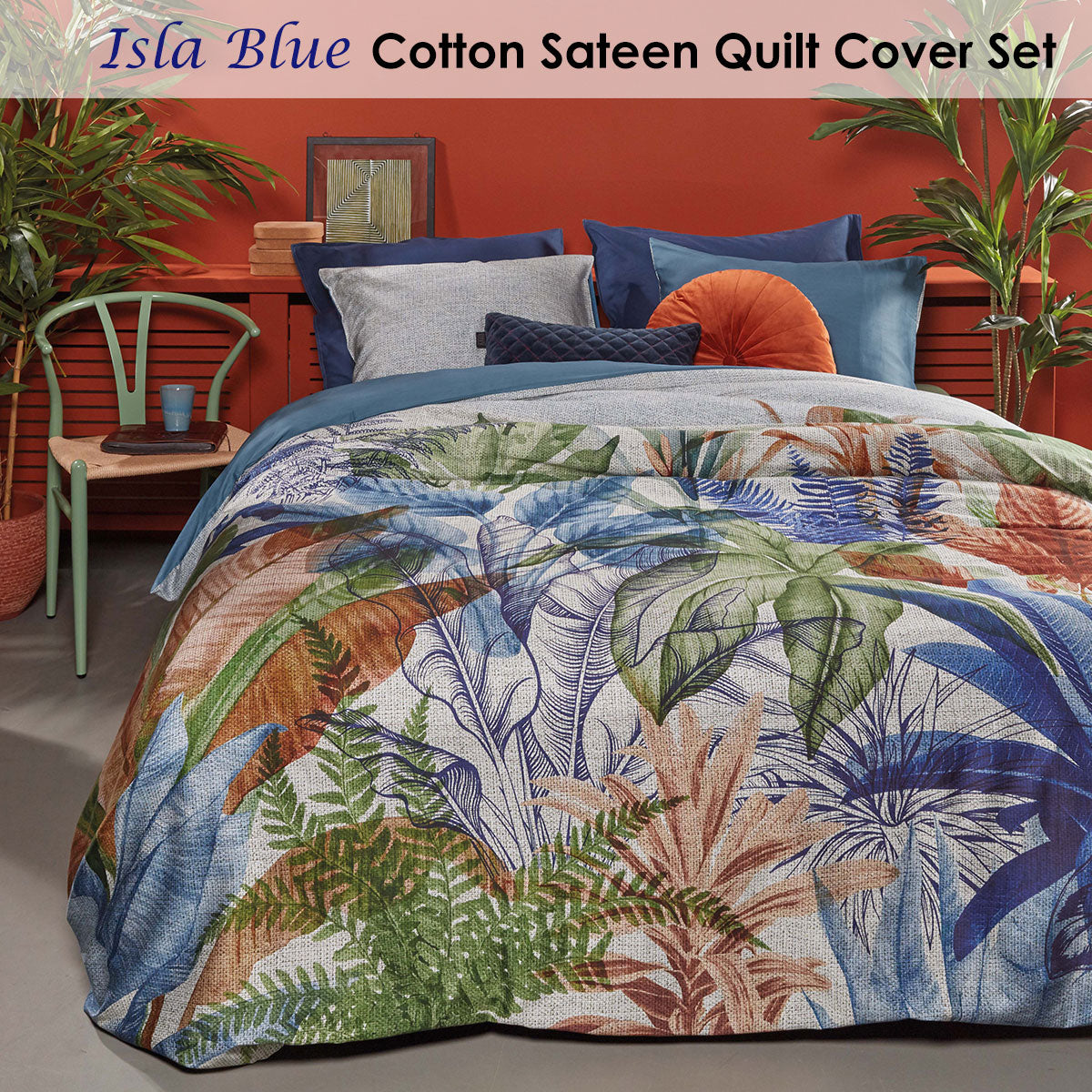 Isla Blue Cotton Sateen Quilt Cover Set featuring tropical foliage design in vibrant colors.