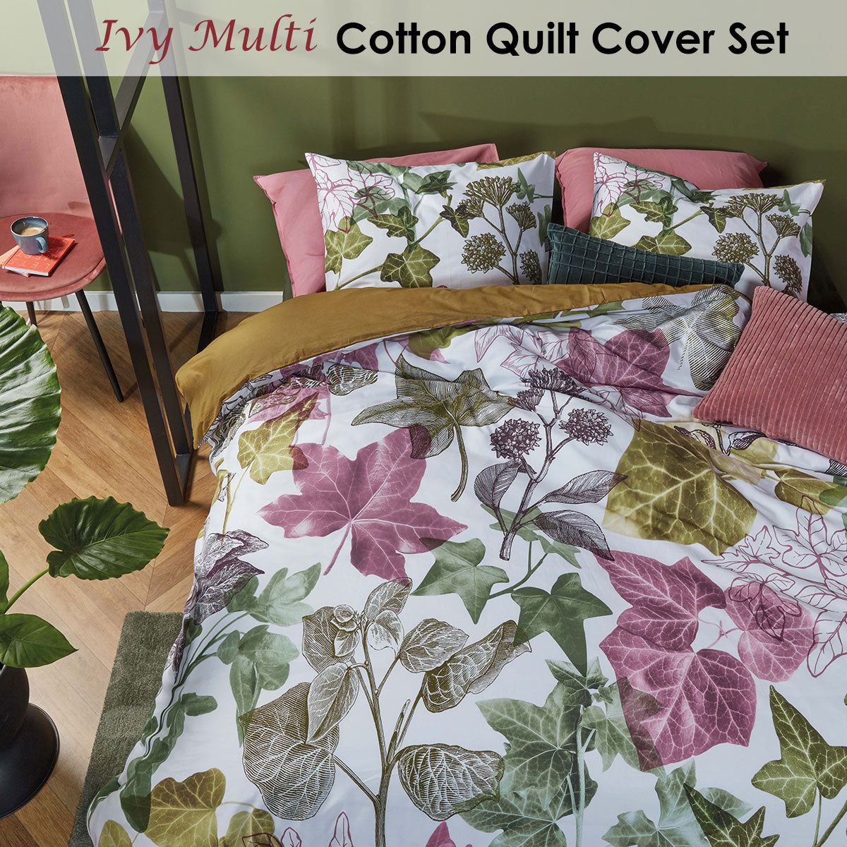 Ivy Multi Cotton Quilt Cover Set featuring vibrant ivy leaves on a light background with olive green reverse side.