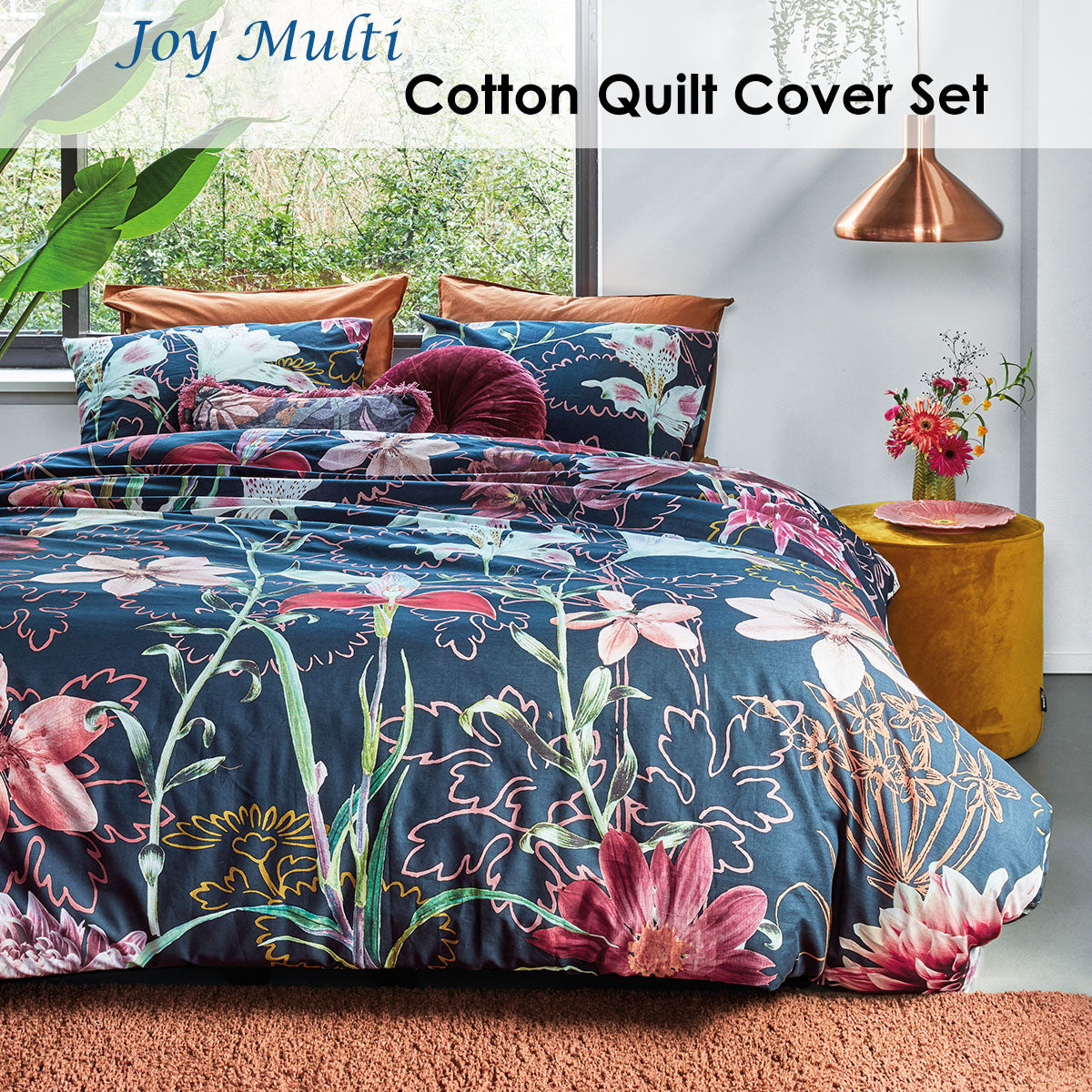 Bedding House Joy Multi Cotton Quilt Cover Set featuring vibrant floral patterns in various colors, perfect for a queen-sized bed.