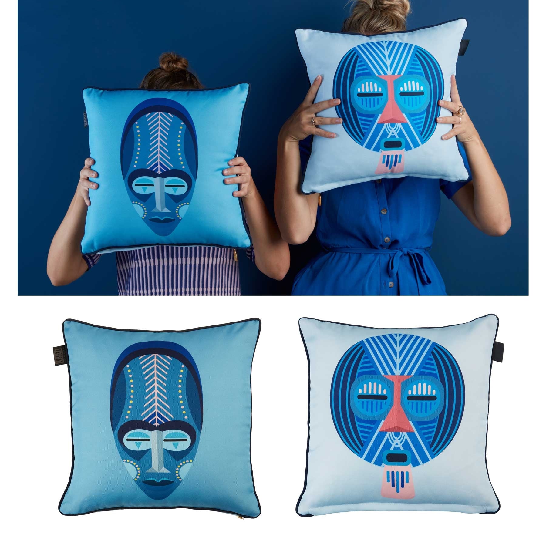 Bedding House Mascarade Blue Filled Square Cushion featuring a stylish masquerade mask design in soft aqua and navy tones.