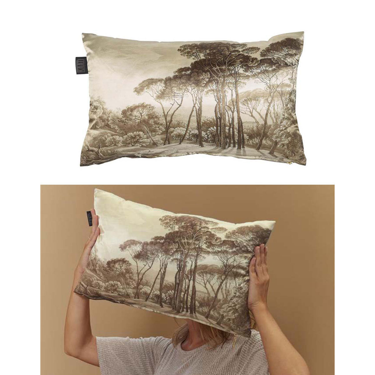 Bedding House Odetta Natural Oblong Filled Cushion with landscape print and golden zipper puller, measuring 30cm x 50cm.