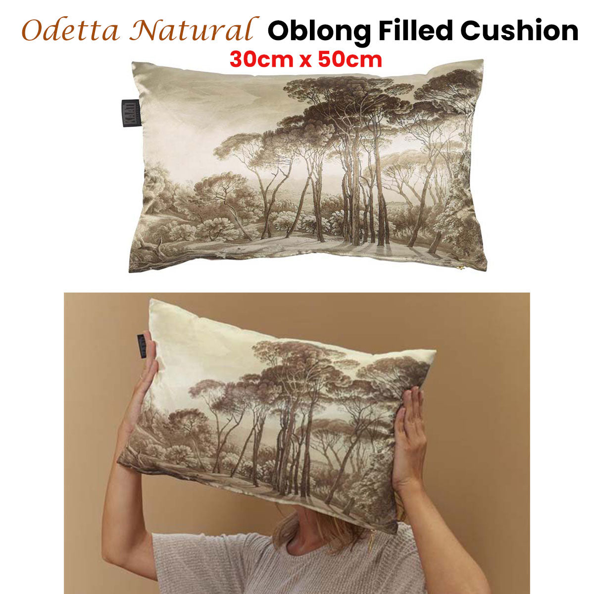 Bedding House Odetta Natural Oblong Filled Cushion with landscape print and golden zipper puller, measuring 30cm x 50cm.