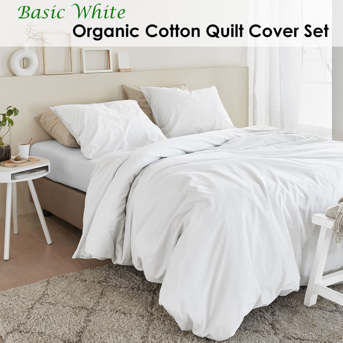 Bedding House Organic Cotton Basic White Quilt Cover Set King displayed on a bed, showcasing its soft texture and elegant design.