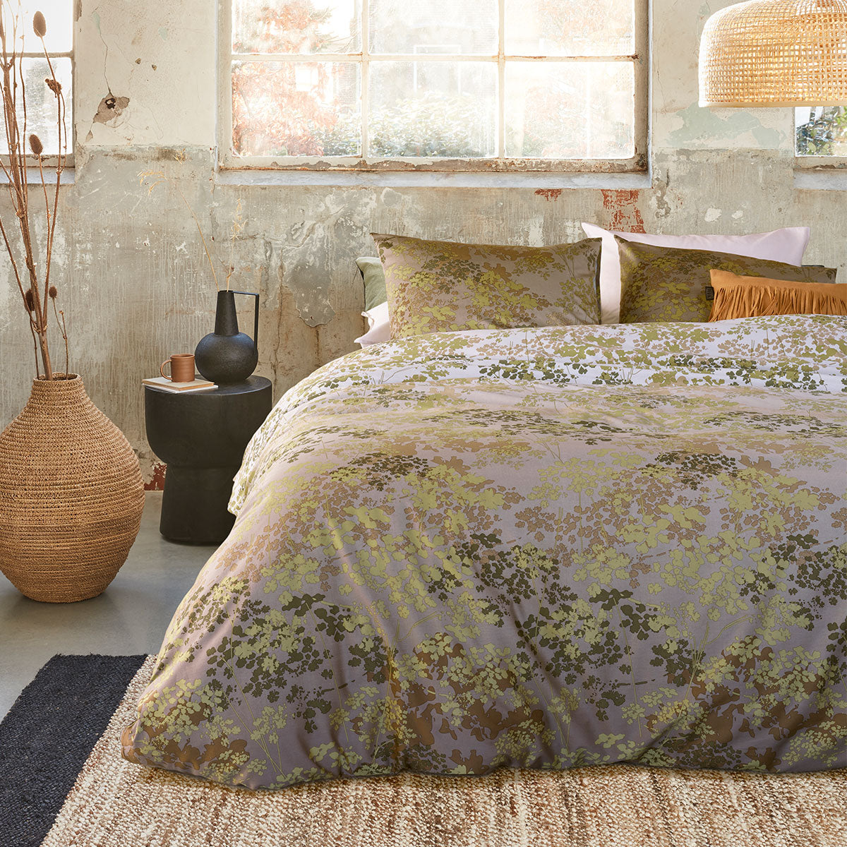 Bedding House Pantalla Green Bamboo Cotton Quilt Cover Set featuring floral design in natural tones, perfect for modern bedrooms.