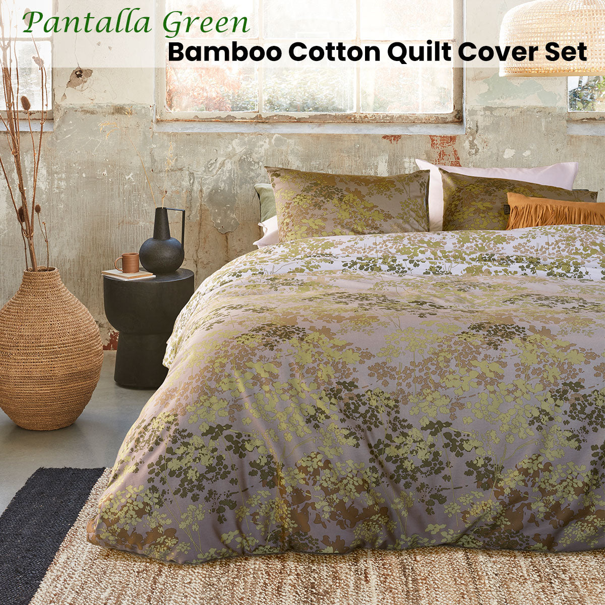 Bedding House Pantalla Green Bamboo Cotton Quilt Cover Set featuring floral design in natural tones, perfect for modern bedrooms.