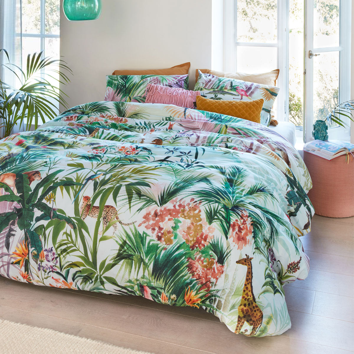 Bedding House Paradise Lost Multi Cotton Quilt Cover Set King featuring colorful tropical animal print with flamingos, giraffes, and more.