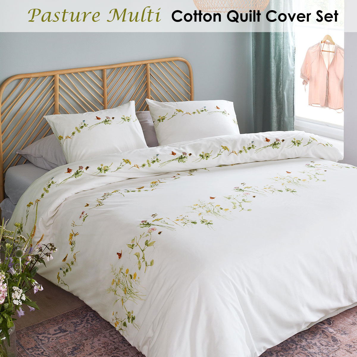 Bedding House Pasture Multi Cotton Quilt Cover Set King featuring vibrant floral designs and butterflies on a white background.