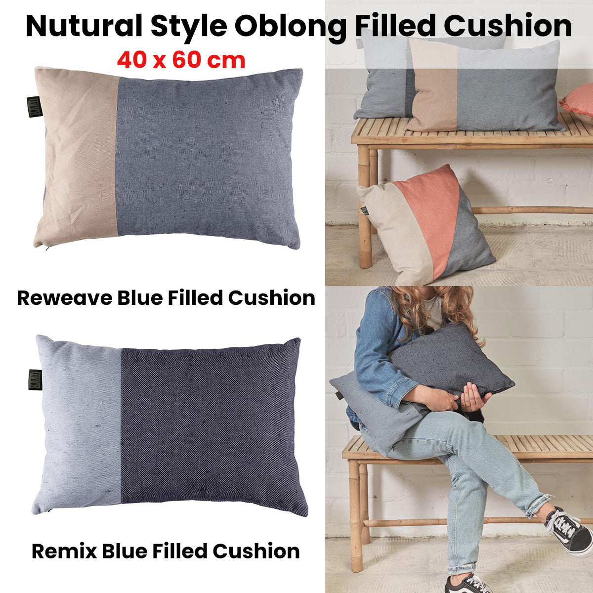 Bedding House Remix Blue Filled Cushion, 40cm x 60cm, made from recycled materials with a solid blue design.