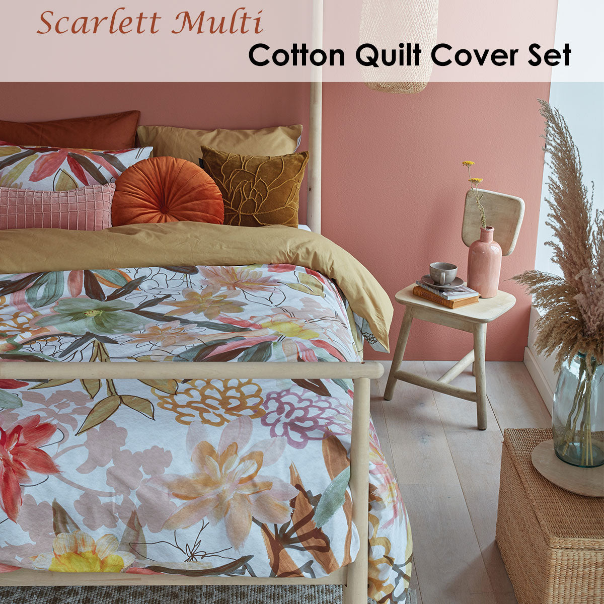 Bedding House Scarlett Multi Cotton Quilt Cover Set King featuring colorful floral designs on a light background with solid yellow reverse.