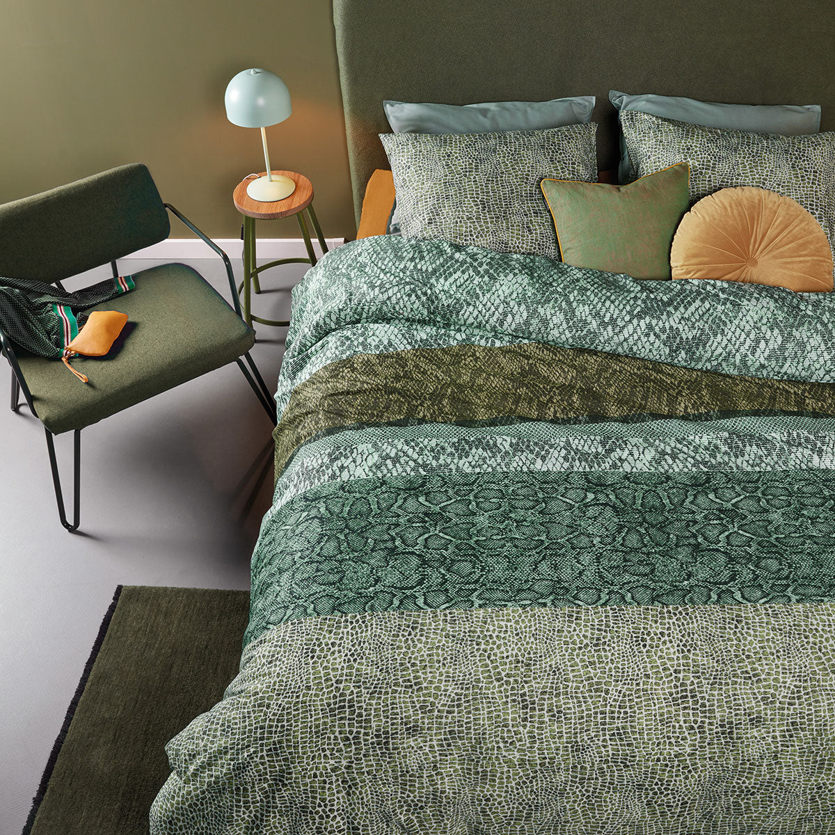 Bedding House Skin Green Cotton Quilt Cover Set featuring snake skin prints in green and olive tones, perfect for modern bedrooms.