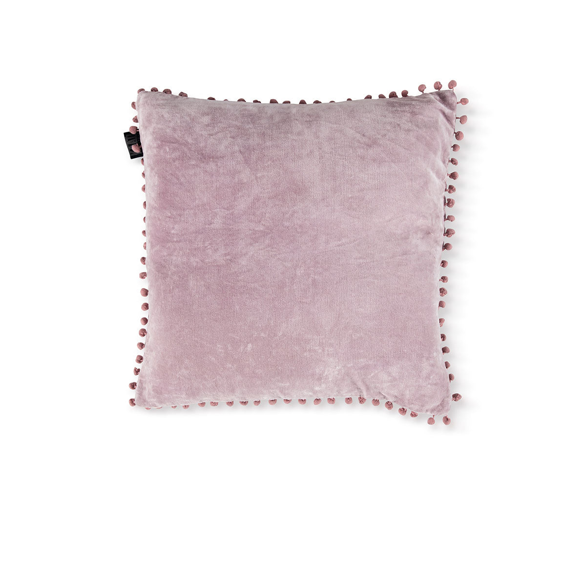 Bedding House Svenja Mauve Filled Square Cushion with pompom edges and golden zip puller, showcasing its elegant velvet design.