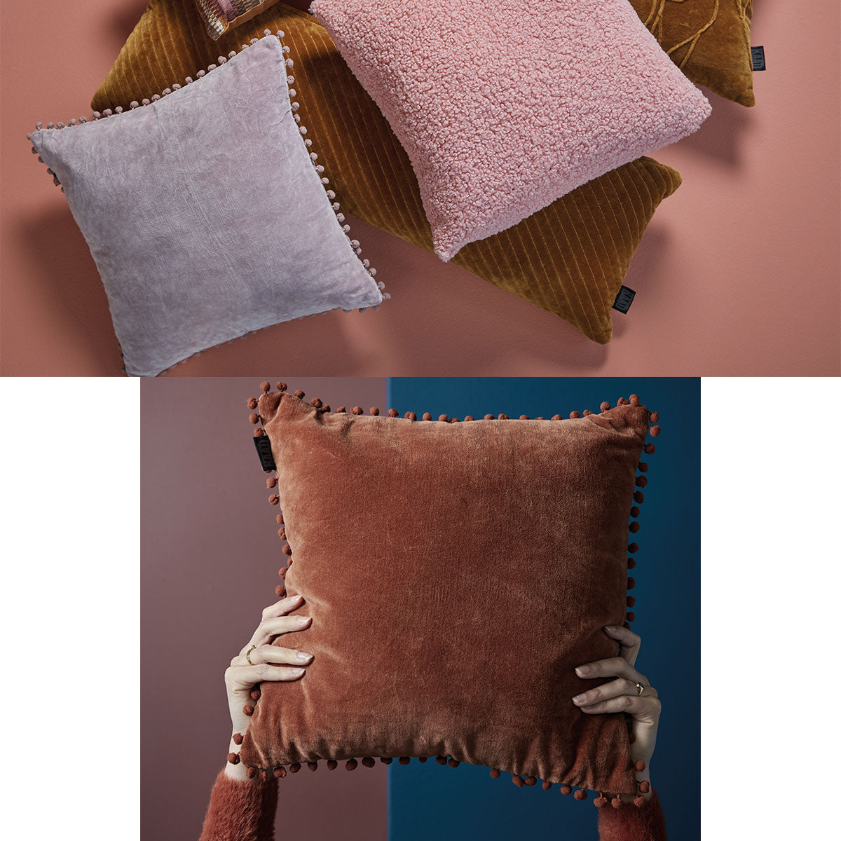 Bedding House Svenja Mauve Filled Square Cushion with pompom edges and golden zip puller, showcasing its elegant velvet design.