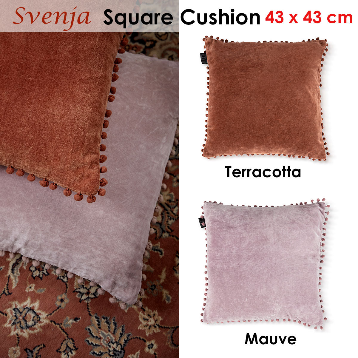 Bedding House Svenja Mauve Filled Square Cushion with pompom edges and golden zip puller, showcasing its elegant velvet design.