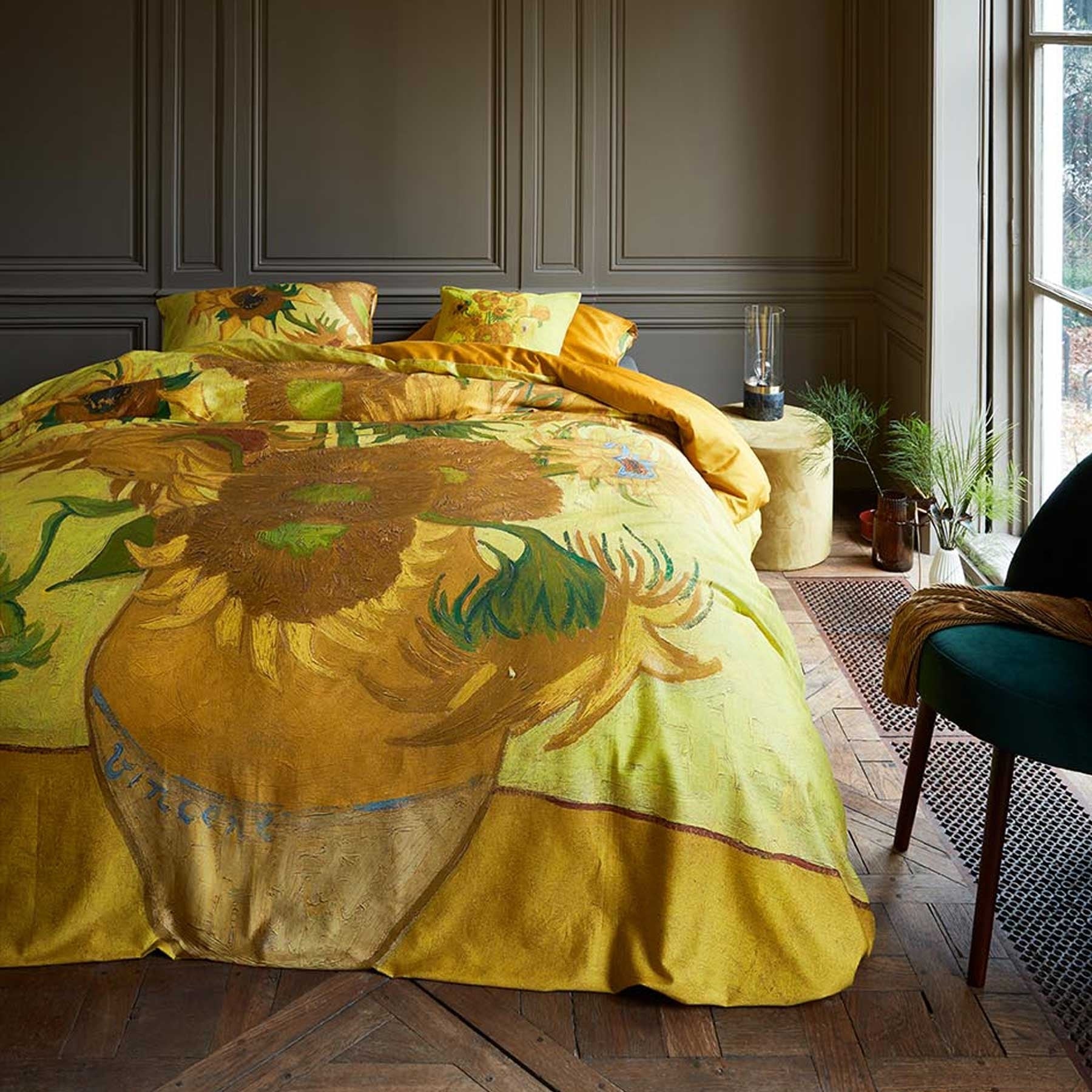 Bedding House Tournesol Yellow Quilt Cover Set featuring Van Gogh's sunflower design, showcasing vibrant colors and intricate brush strokes.