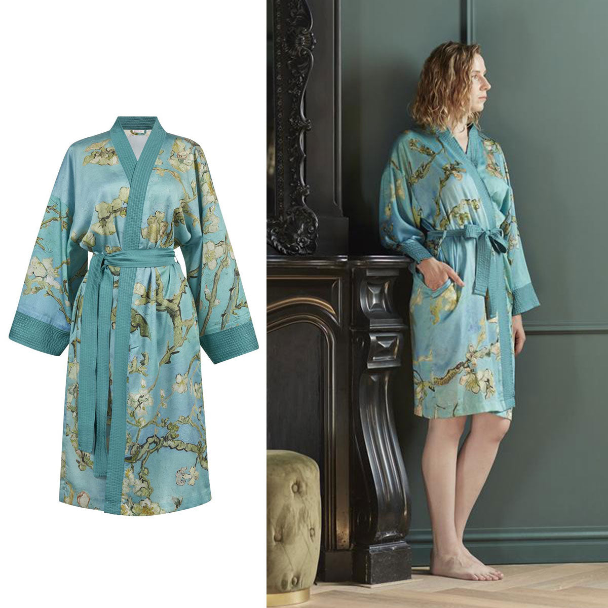 Bedding House Van Gogh Almond Blossom Blue Kimono Bath Robe featuring a vibrant turquoise background with almond blossom branches.